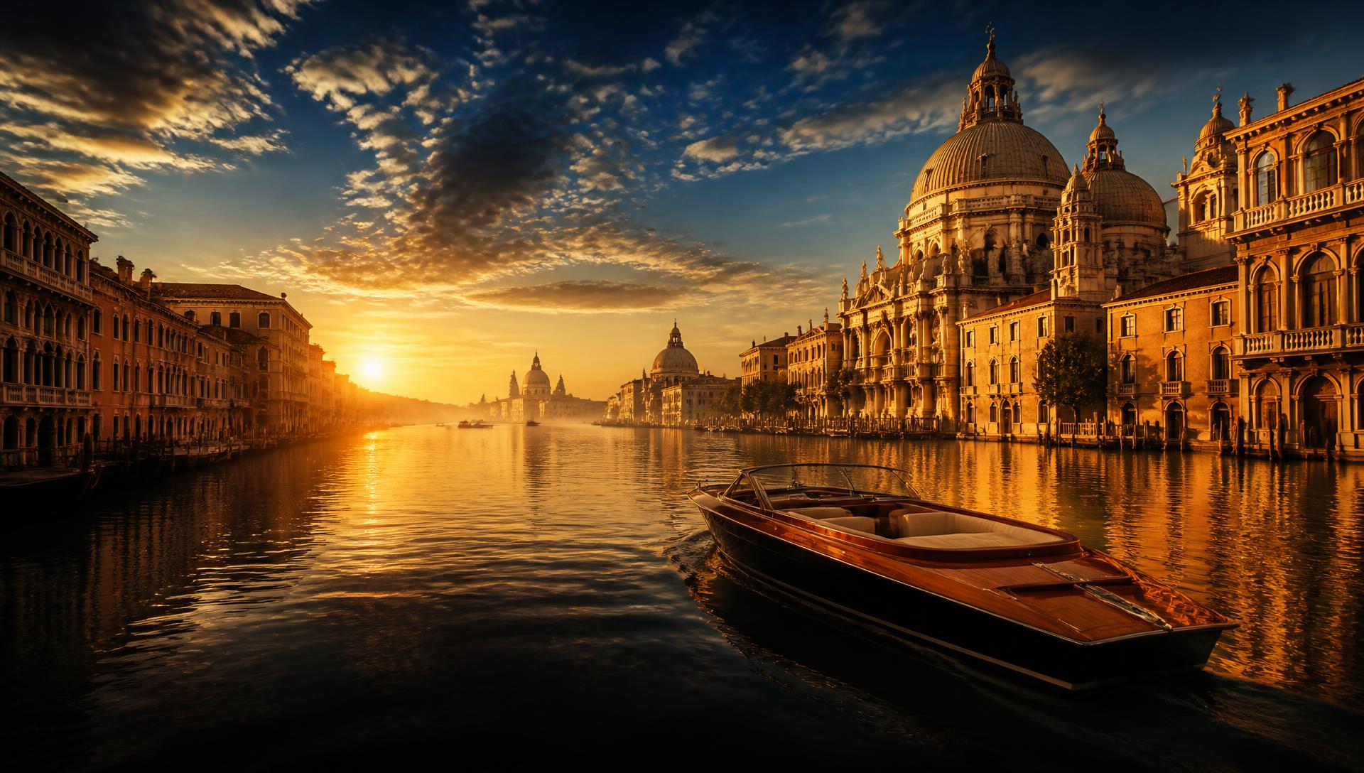 Luxurious golden-hour view of a grand European canal city